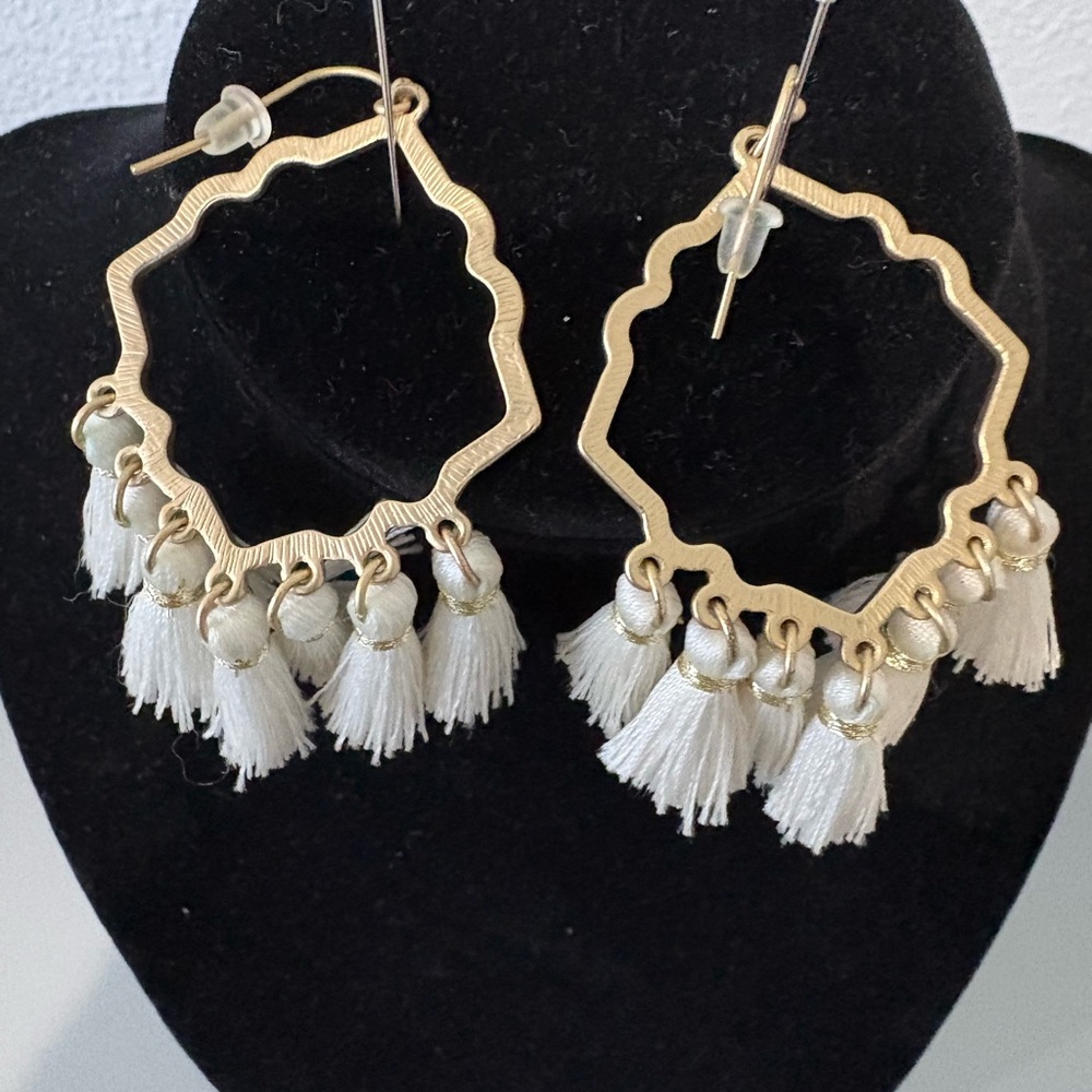 Gold and White Tassel Hoop Earrings